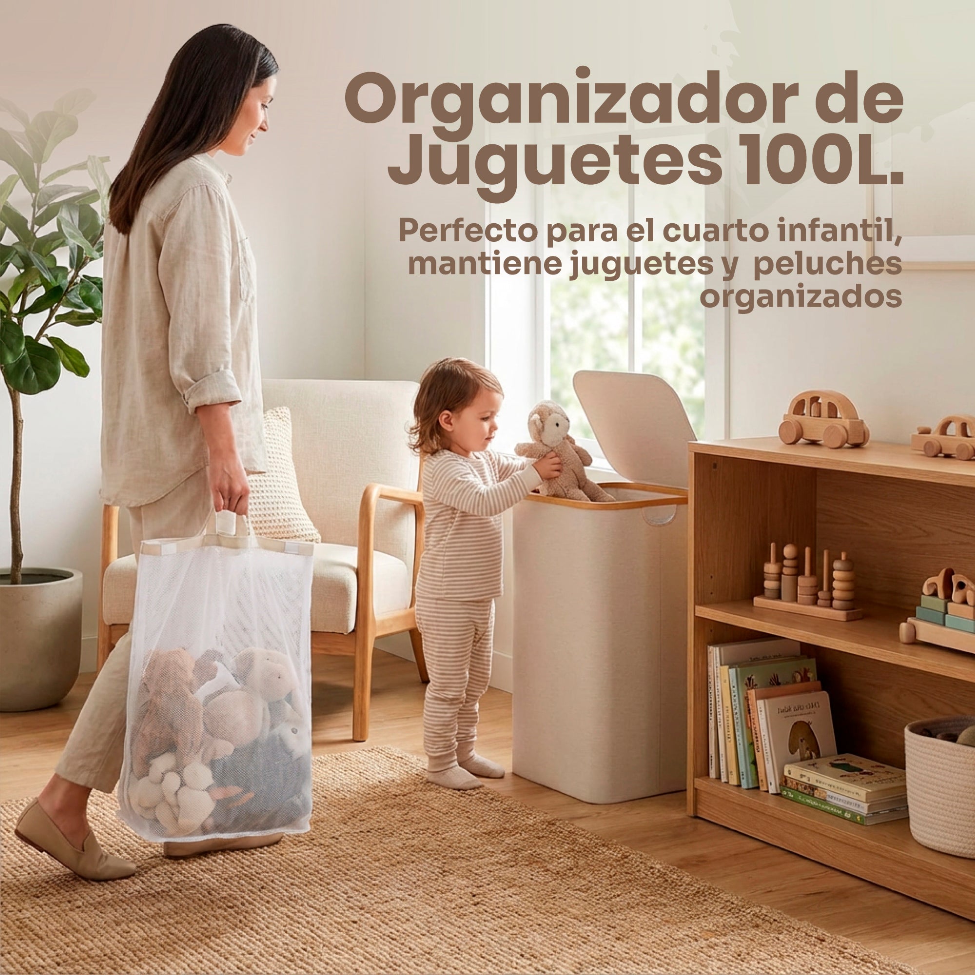 Cesto Premium para Ropa y Juguetes 100L con Tapa, Canasta Multiusos Impermeable con Bolsa Interior Extraíble y Asas de Color Bambú para Recámara, Baño o Cuarto Infantil