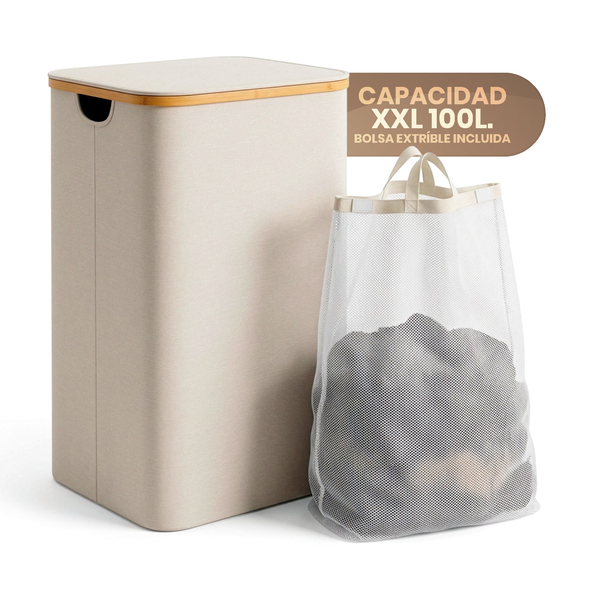 Cesto Premium para Ropa y Juguetes 100L con Tapa, Canasta Multiusos Impermeable con Bolsa Interior Extraíble y Asas de Color Bambú para Recámara, Baño o Cuarto Infantil