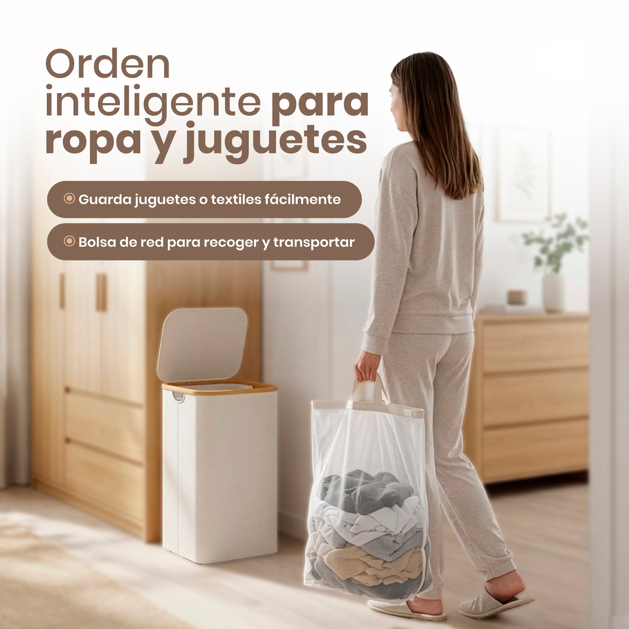 Cesto Premium para Ropa y Juguetes 100L con Tapa, Canasta Multiusos Impermeable con Bolsa Interior Extraíble y Asas de Color Bambú para Recámara, Baño o Cuarto Infantil