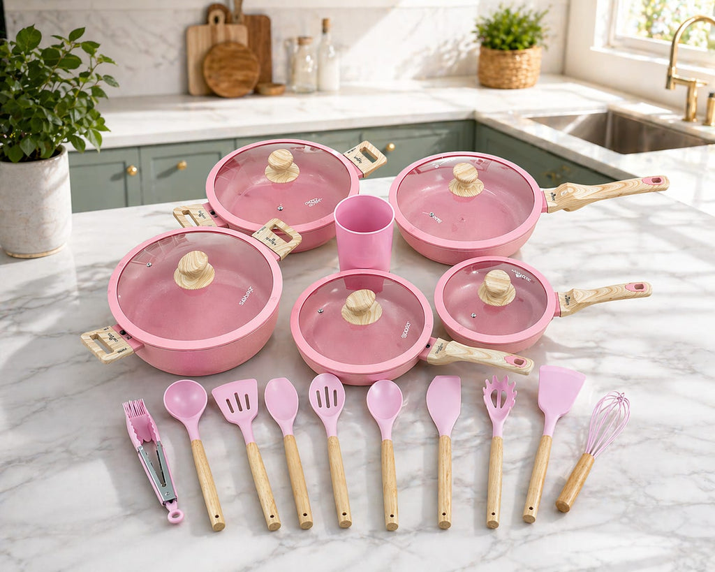 SET ROSA 17 PIEZAS ALUMINIO FORJADO REVESTIMIENTO ANTIADHERENTE (sonex) +UTENSILIOS DE SILICONA