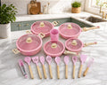 SET ROSA 17 PIEZAS ALUMINIO FORJADO REVESTIMIENTO ANTIADHERENTE (sonex) +UTENSILIOS DE SILICONA