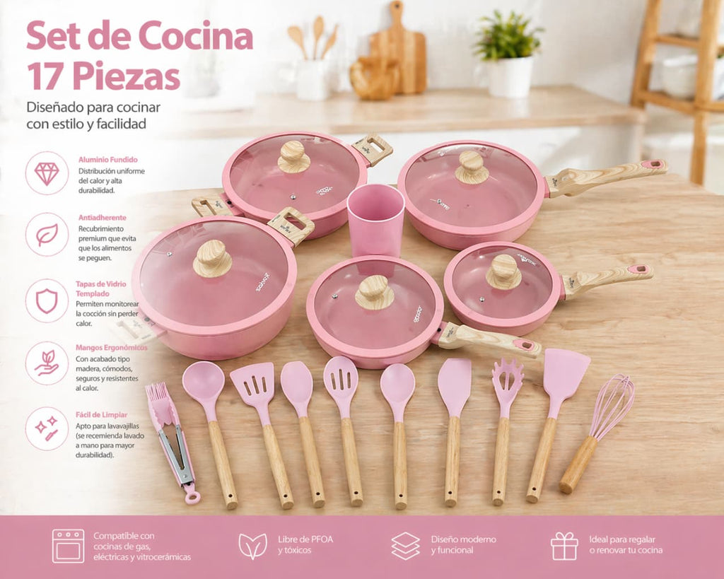 SET ROSA 17 PIEZAS ALUMINIO FORJADO REVESTIMIENTO ANTIADHERENTE (sonex) +UTENSILIOS DE SILICONA