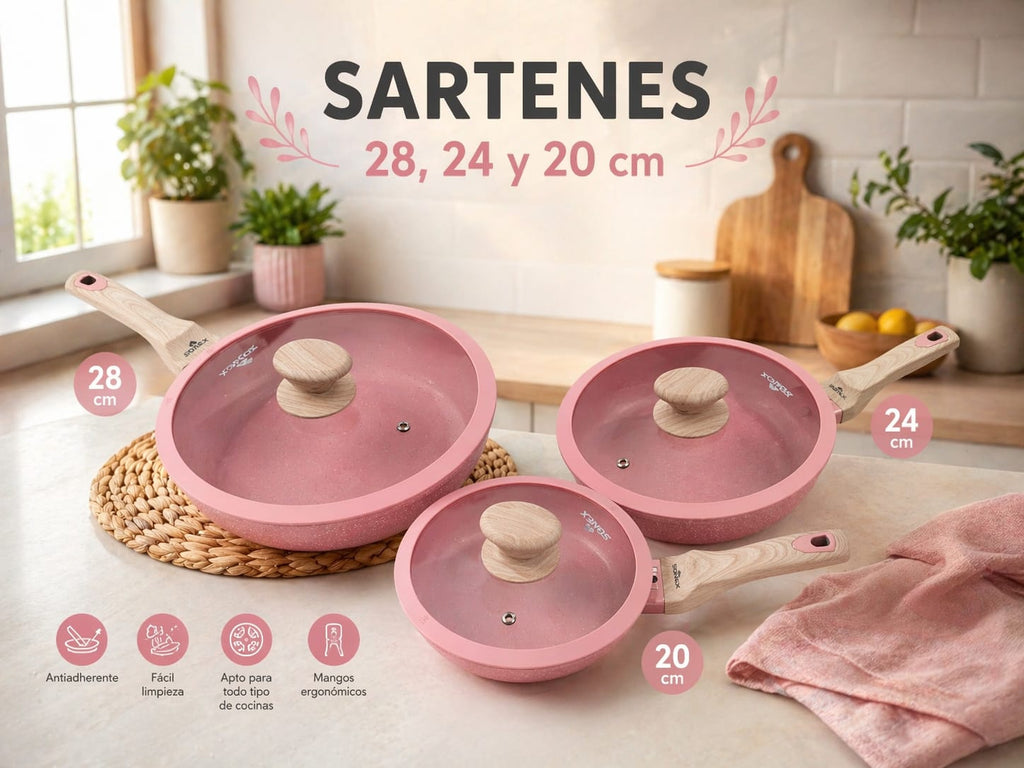 SET ROSA 17 PIEZAS ALUMINIO FORJADO REVESTIMIENTO ANTIADHERENTE (sonex) +UTENSILIOS DE SILICONA