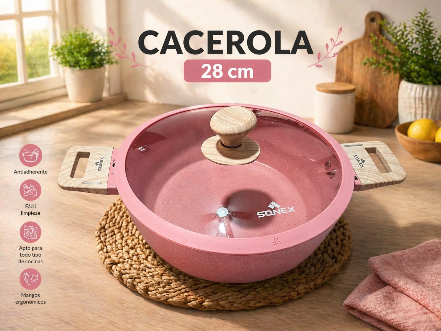 SET ROSA 17 PIEZAS ALUMINIO FORJADO REVESTIMIENTO ANTIADHERENTE (sonex) +UTENSILIOS DE SILICONA
