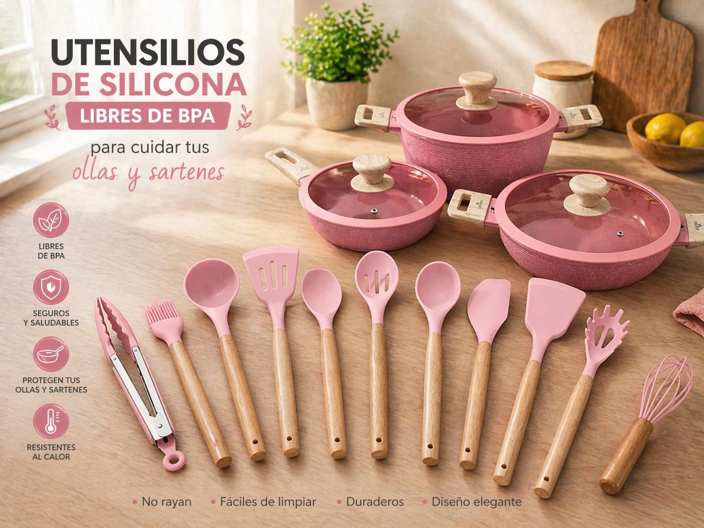 SET ROSA 17 PIEZAS ALUMINIO FORJADO REVESTIMIENTO ANTIADHERENTE (sonex) +UTENSILIOS DE SILICONA
