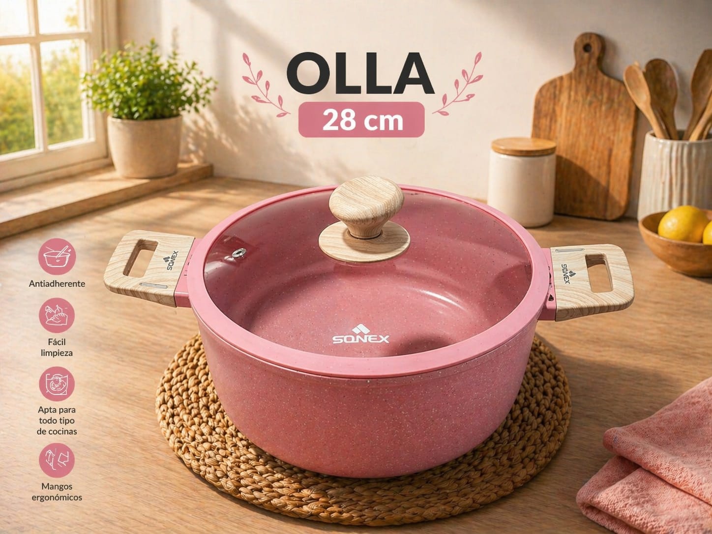 SET ROSA 17 PIEZAS ALUMINIO FORJADO REVESTIMIENTO ANTIADHERENTE (sonex) +UTENSILIOS DE SILICONA