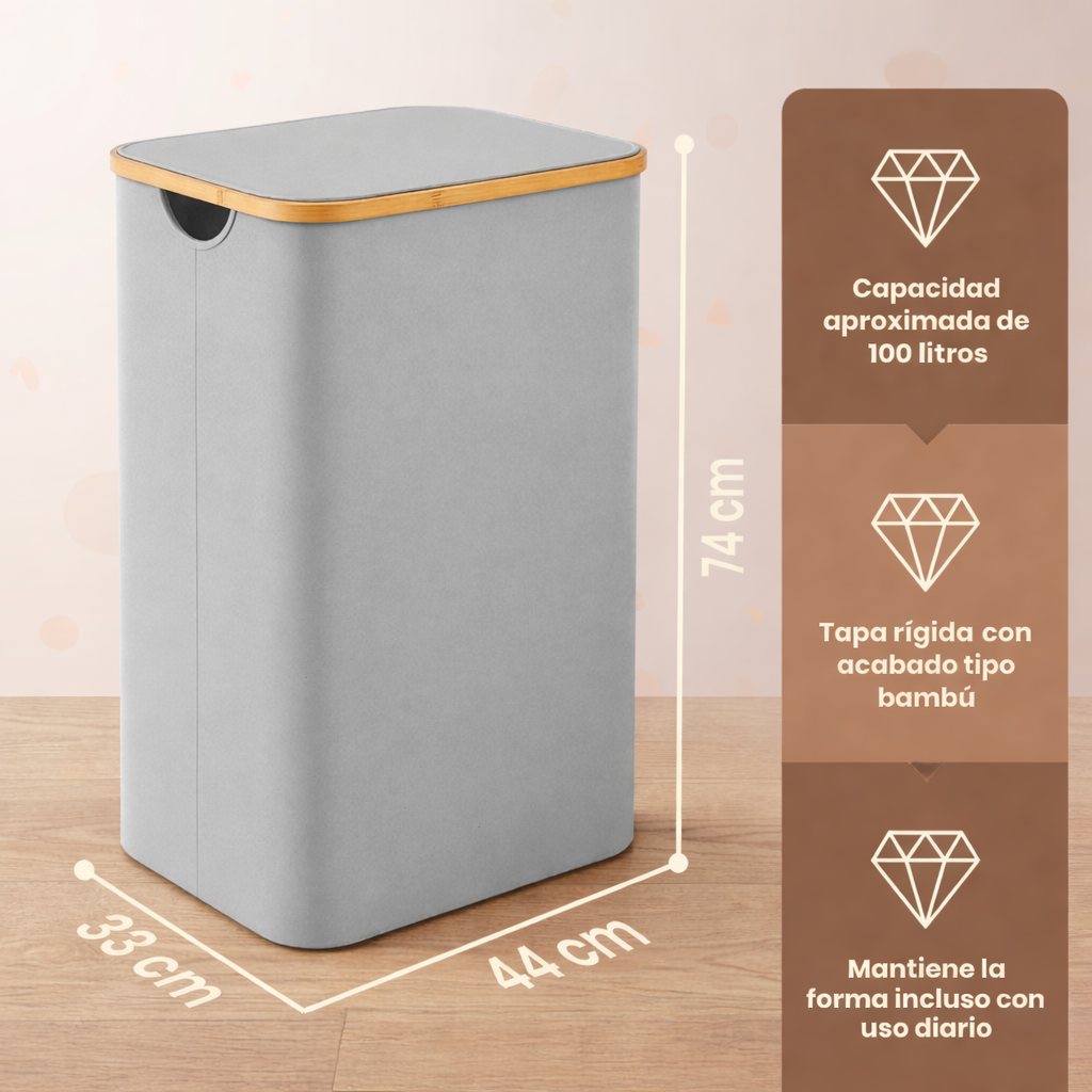 Cesto Premium para Ropa y Juguetes 100L con Tapa, Canasta Multiusos Impermeable con Bolsa Interior Extraíble y Asas de Color Bambú para Recámara, Baño o Cuarto Infantil