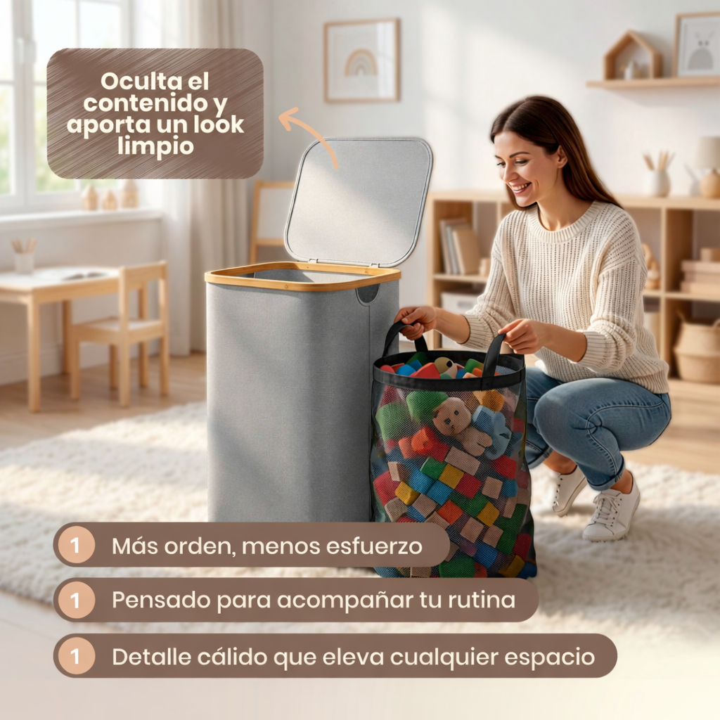 Cesto Premium para Ropa y Juguetes 100L con Tapa, Canasta Multiusos Impermeable con Bolsa Interior Extraíble y Asas de Color Bambú para Recámara, Baño o Cuarto Infantil