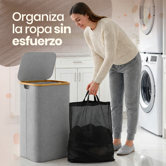 Cesto Premium para Ropa y Juguetes 100L con Tapa, Canasta Multiusos Impermeable con Bolsa Interior Extraíble y Asas de Color Bambú para Recámara, Baño o Cuarto Infantil