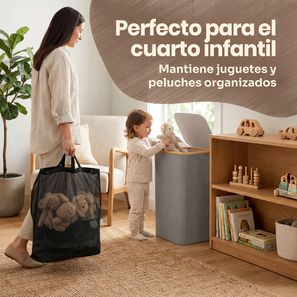 Cesto Premium para Ropa y Juguetes 100L con Tapa, Canasta Multiusos Impermeable con Bolsa Interior Extraíble y Asas de Color Bambú para Recámara, Baño o Cuarto Infantil