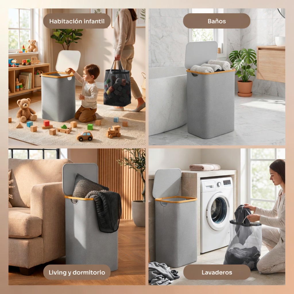 Cesto Premium para Ropa y Juguetes 100L con Tapa, Canasta Multiusos Impermeable con Bolsa Interior Extraíble y Asas de Color Bambú para Recámara, Baño o Cuarto Infantil