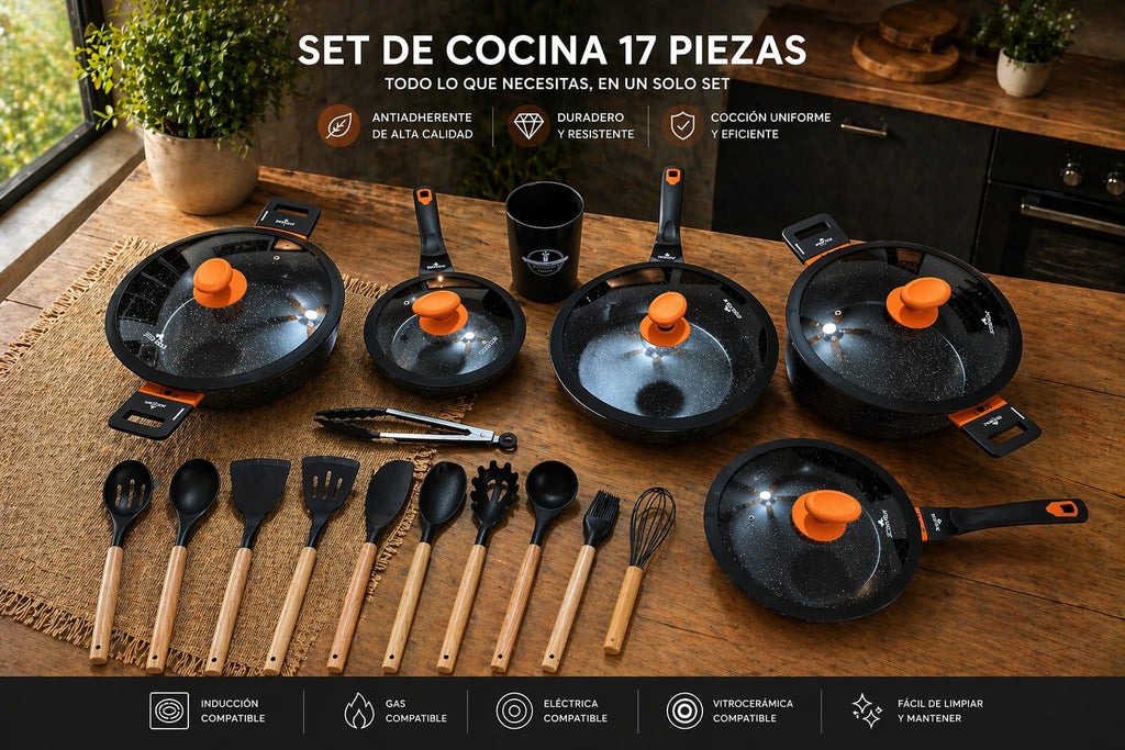 SET 17 PIEZAS ALUMINIO FORJADO REVESTIMIENTO ANTIADHERENTE (sonex) +UTENSILIOS DE SILICONA