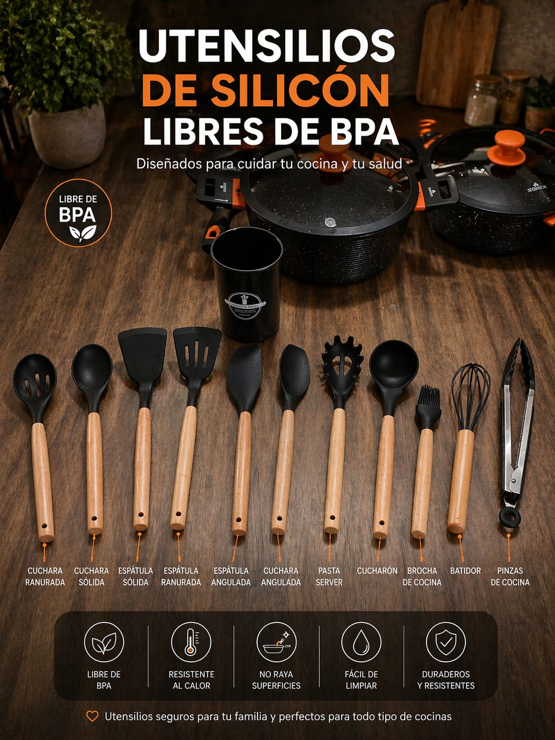 SET 17 PIEZAS ALUMINIO FORJADO REVESTIMIENTO ANTIADHERENTE (sonex) +UTENSILIOS DE SILICONA